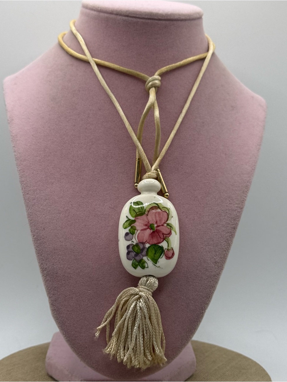 Hand-Painted Floral Porcelain Pendant Necklace in Pink and Gold